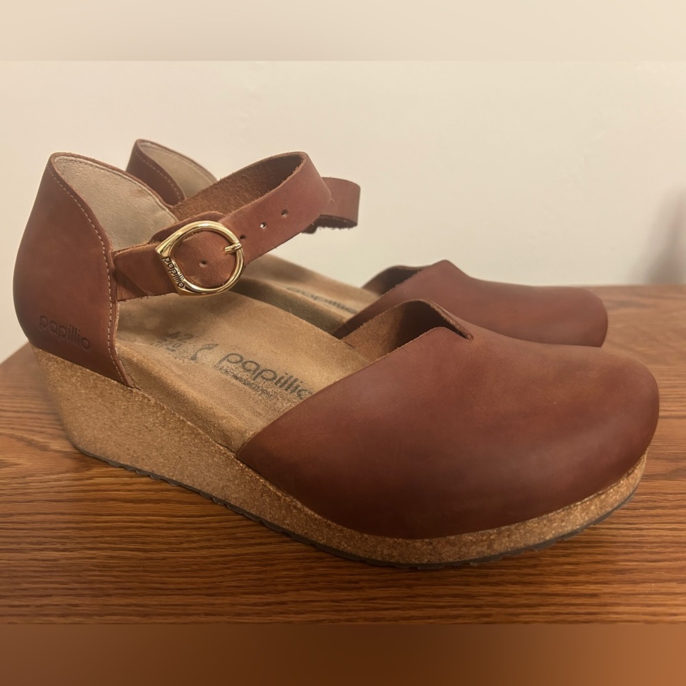 Birkenstock Papillio Mary Ring Buckle Wedge Sandal Size 42 Narrow Brown Leather